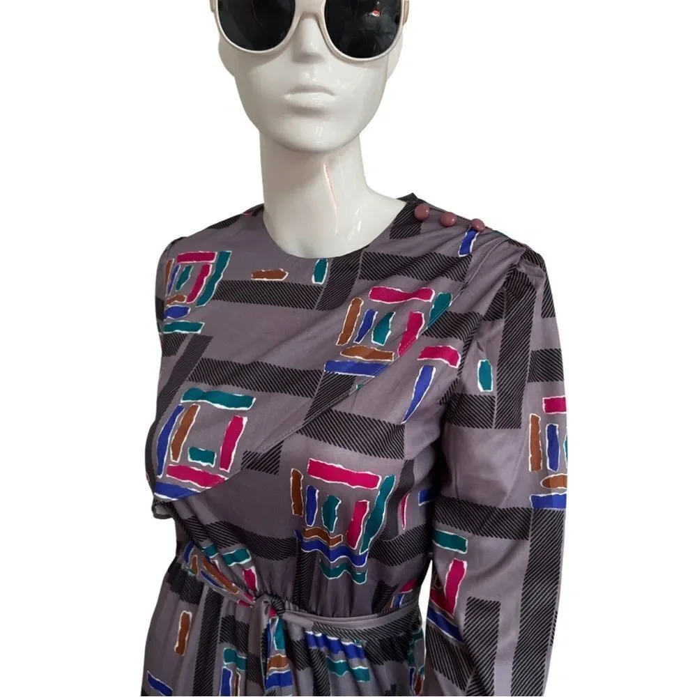 Vintage 1980s Geometric Rainbow Ruffle Neck Cinch Waist Belted Midi Dress